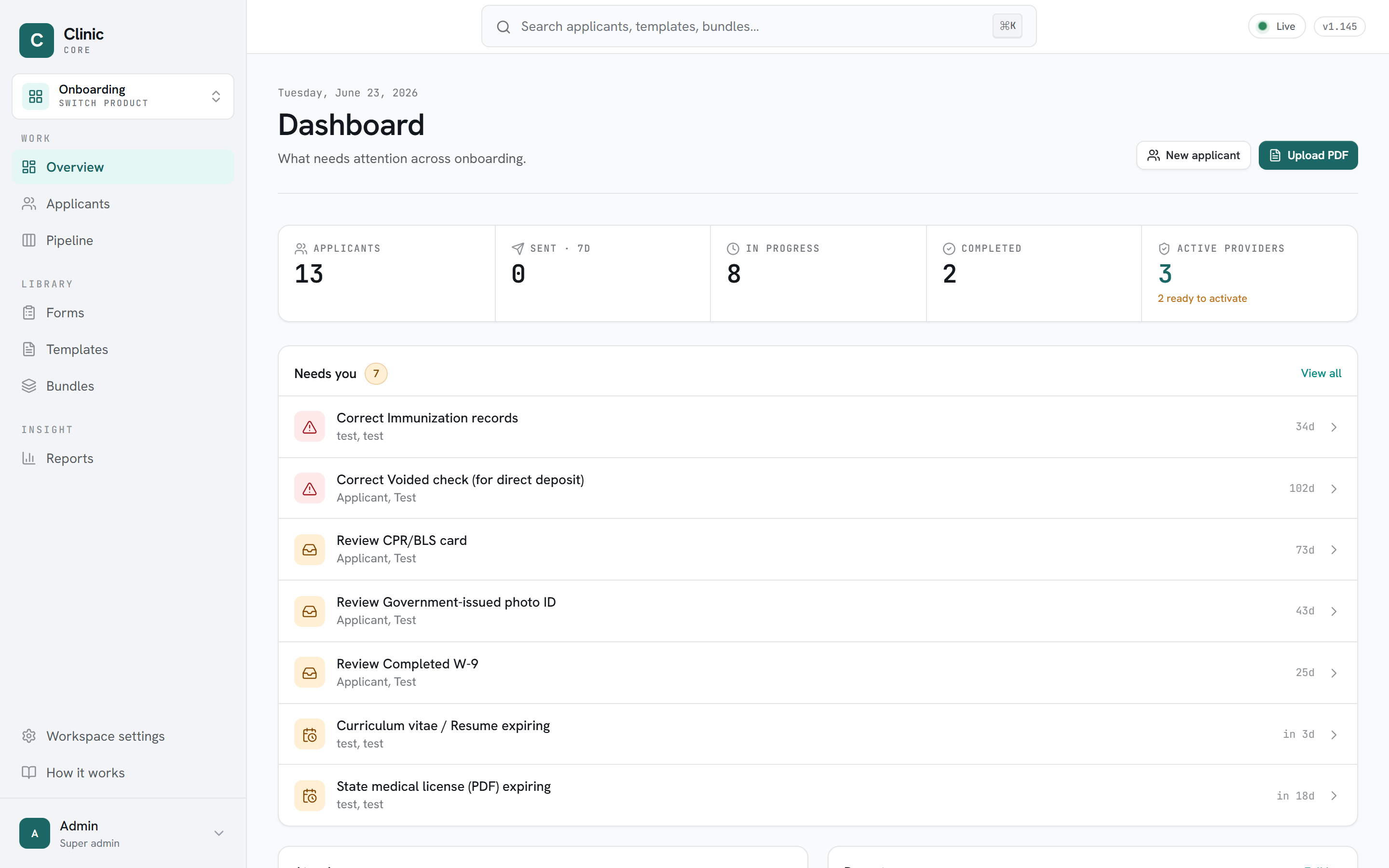 Clinic Core onboarding dashboard showing applicants, outstanding tasks, and providers ready to activate