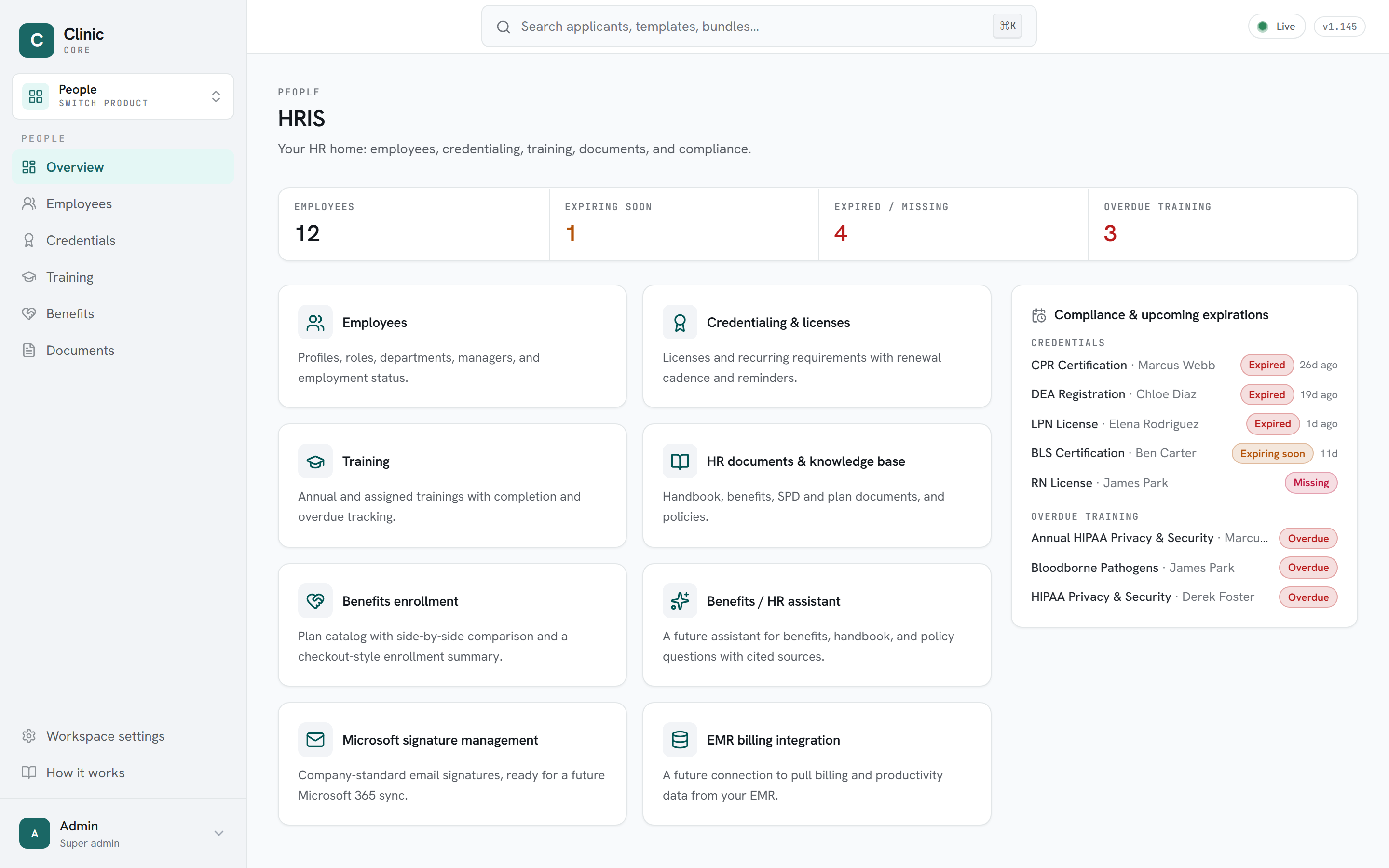 Clinic Core people module with the employee directory and compliance overview