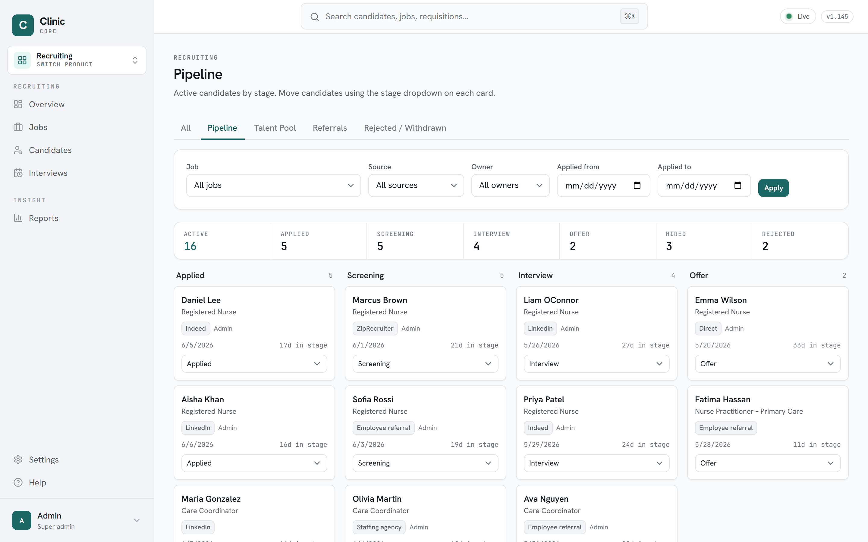 Clinic Core recruiting pipeline board with candidate cards across hiring stages